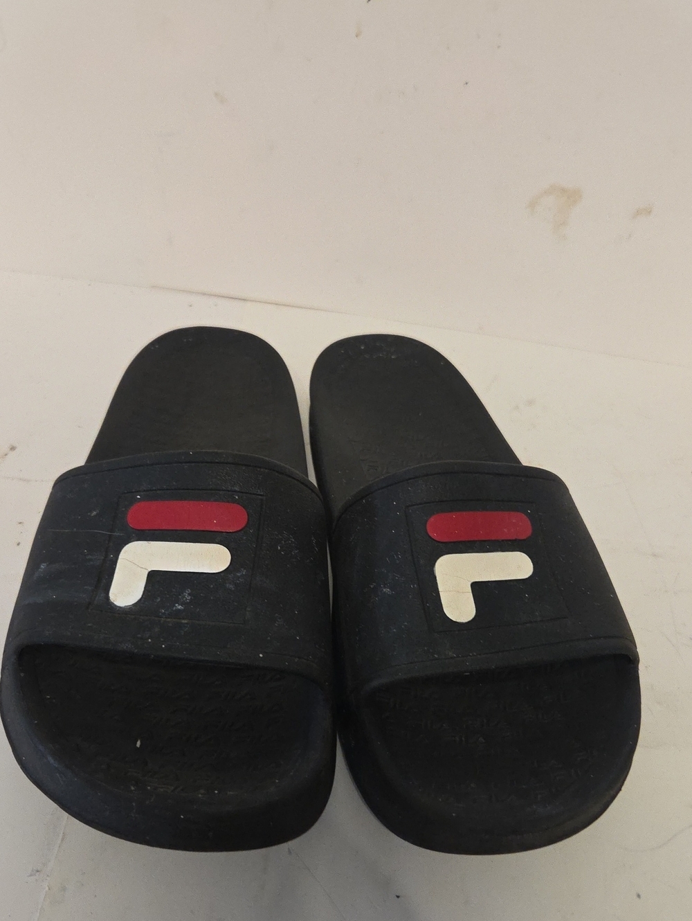 Fila Black Slide Sandals with Red & White Logo Accents